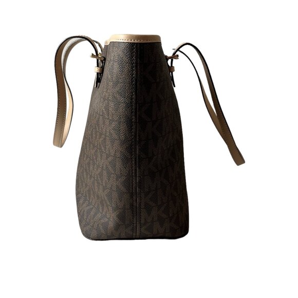 Michael Kors Purse Jet Set Signature Large Zip Up Tote Bag MK Monogram Brown Tan - Picture 5 of 12